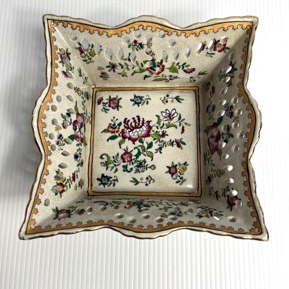 Vintage Chinoiserie Square Reticulated Chinese Porcelain Bowl Grandmillenial - Picture 2 of 8